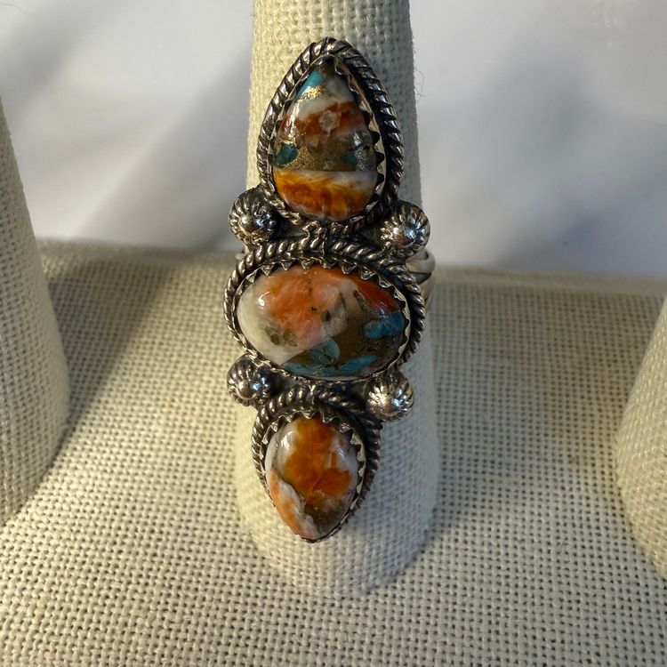 Spiny Oyster And Copper Turquoise 925 Sterling Silver 3  Ring Size 8