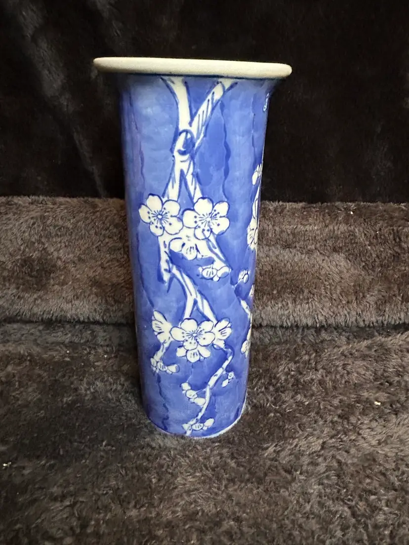 Vintage Chinese  Prunus Blue and White Vase Blue Seal Mark