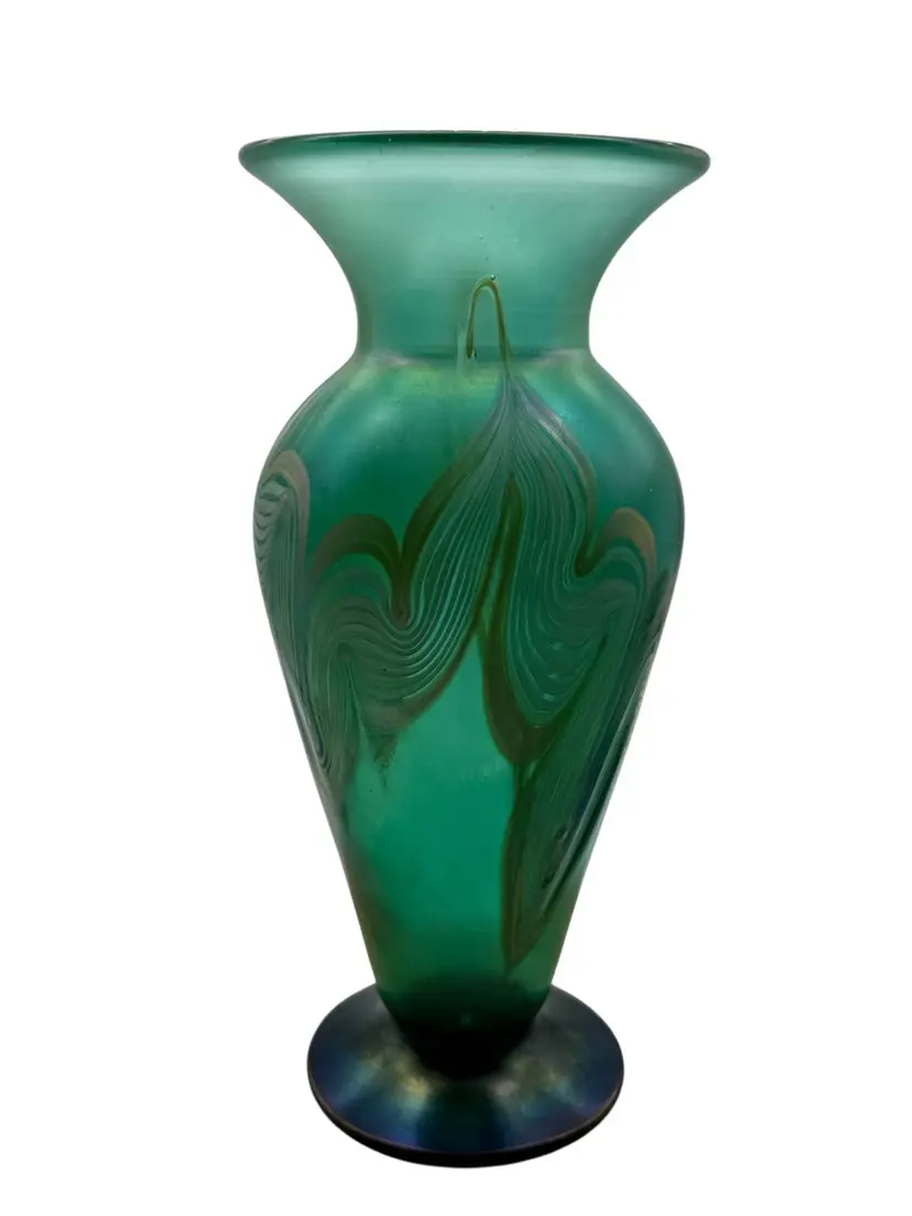 12. Vandermark Translucent Green Pulled Feather Vase 1977
Measures 9” tall, 4” wide