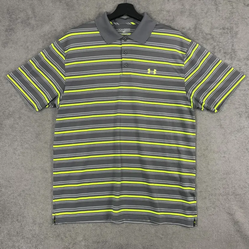 Under Armour HeatGear Polo Shirt Mens XL Gray Stripe Golf Performance Loose Fit