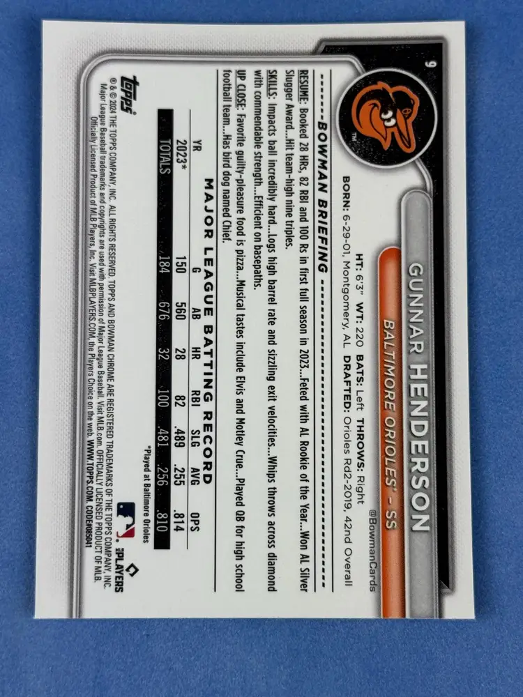 2024 Bowman Chrome #9 Gunnar Henderson Orioles