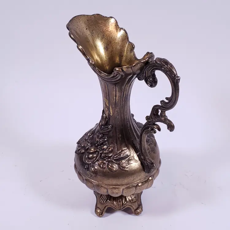 Vintage Victorian Rococo Ornate Floral Scroll Footed Italian 7" BRASS EWER VASE