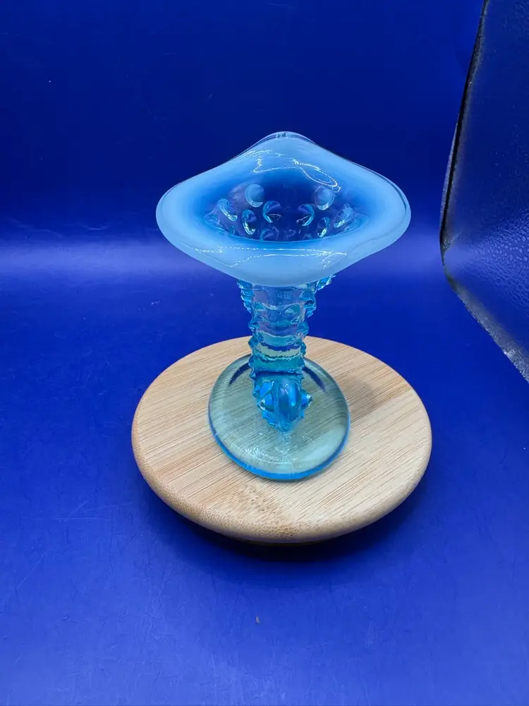 Fenton Blue opalescent Hobnail Cornucopia Vase