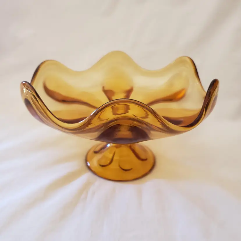 Art Glass Amber Compote Candy Dish 6 Petal Footed Pedestal Viking Epic Vintage