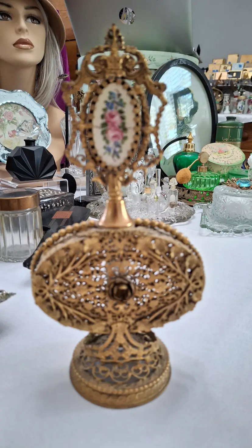 132 Vintage Gilt Filigree Perfume Bottle w/ Hand-Painted Porcelain Plaque & Dauber – Hollywood Regency