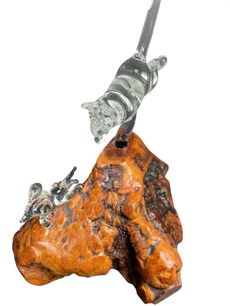Cat Chasing Mouse On Burlwood Clear Art Glass Figurine