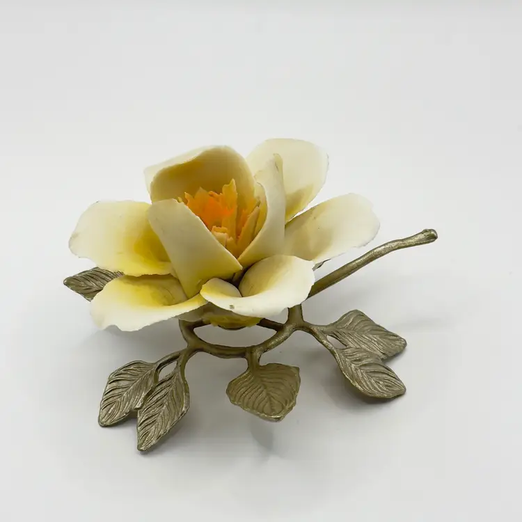 Vintage Capodimonte Porcelain Flower Metal Stem, Cream and Yellow Petals, Leaf Detail, Collectible Home Decor, By Capodimonte Porcelain, Made in Italy
