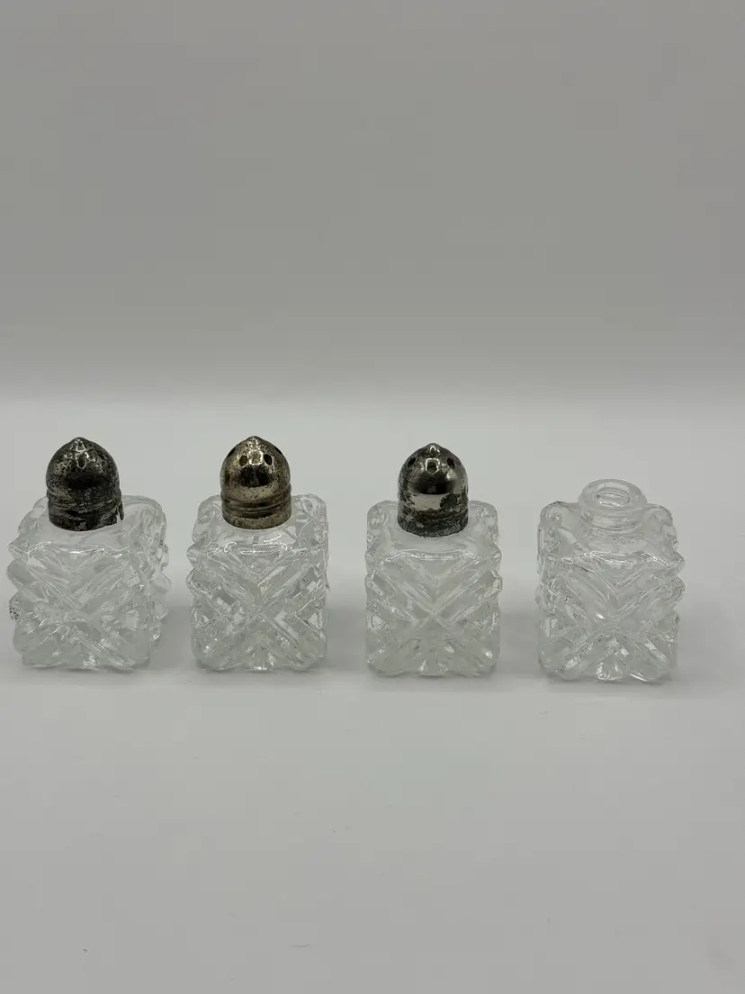 Vintage 1950’s Individual Crystal Cut Glass Salt & Pepper Shakers with Silver Plate Metal Lids, Set of 4, One Has Lid Missing, By Leonard, Made In Japan