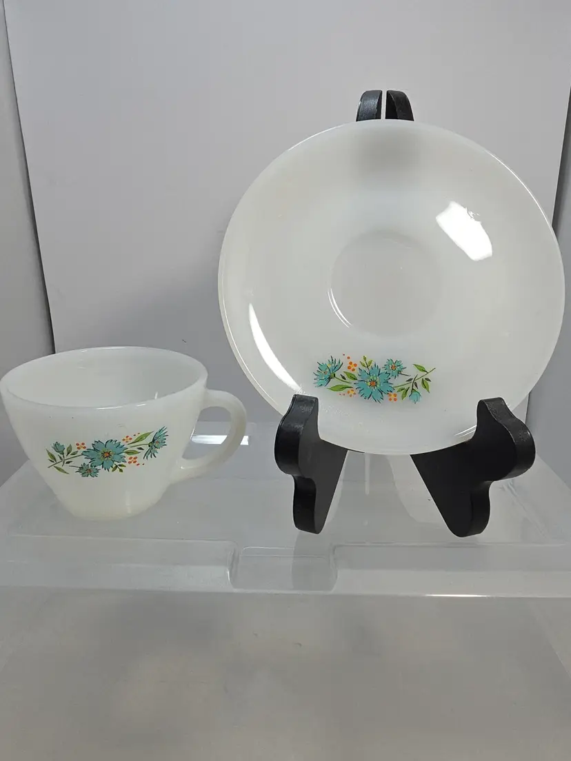 Anchor Hocking Fire King Blue Carnation Tea Cup & Saucer Milk Glass 1950's (C4)