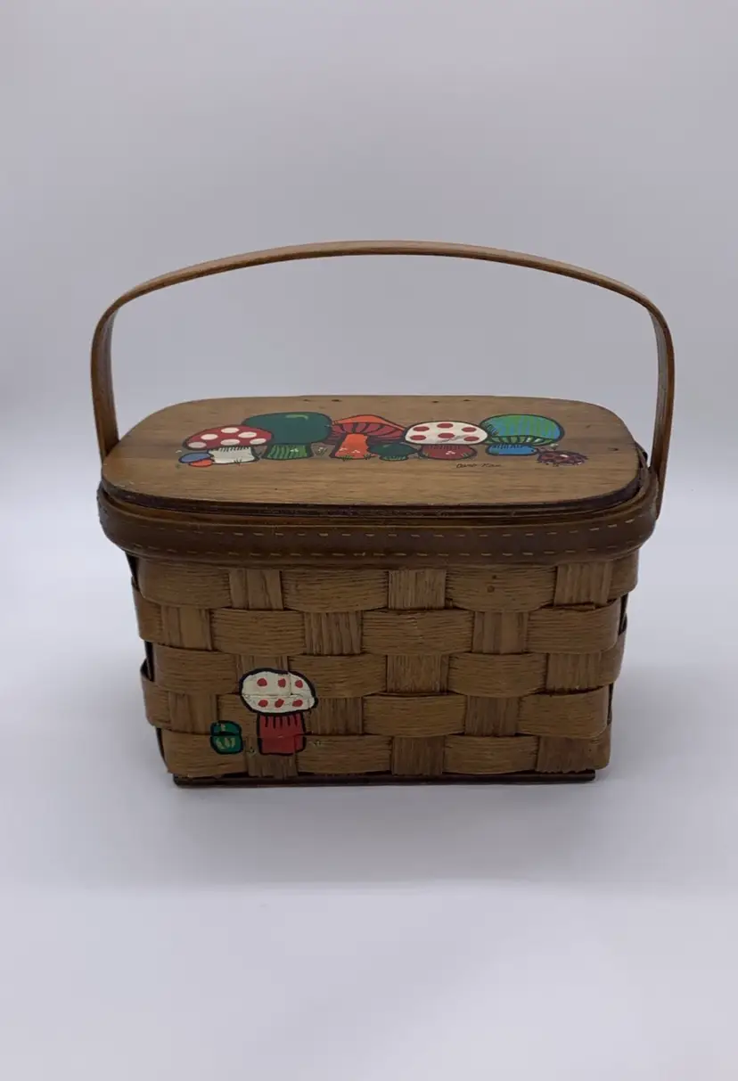 MCM Slenderella Fashion Wicker Basket Woven Painted Mushrooms By Caro Nan