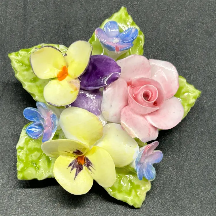 Vintage Hand Painted England Bone China Flower Brooch Pin In Original Box