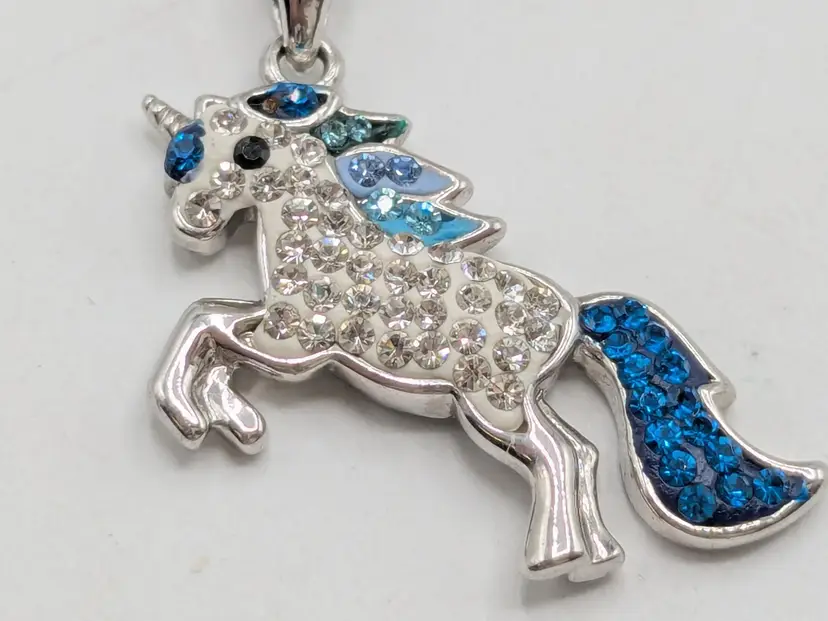 Unicorn Necklace with Blue and Clear Rhinestones Silver Tone