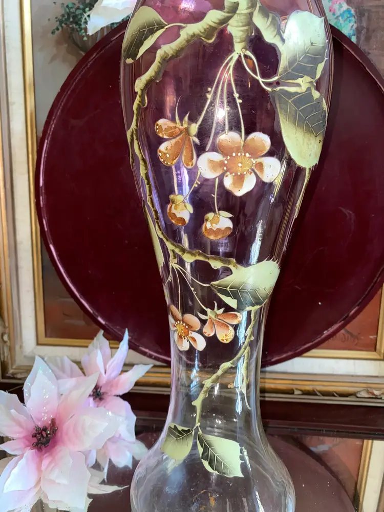 Italian Art Glass Pink Ombré MCM Vase • Hand painted Embossed Floral Motif & Gold Accents
