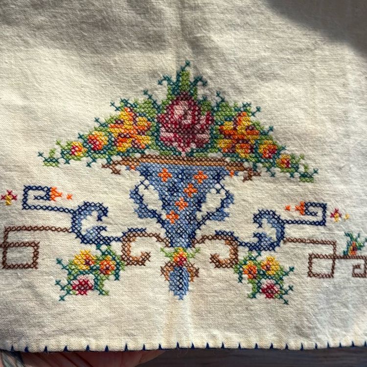 Tea Towel Handmade Cross stitched VTG