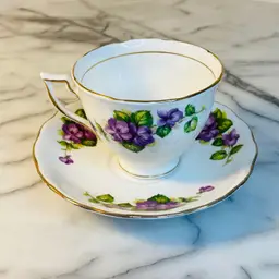 #1020 Vintage Crown Essex Bone Ceramic Purple Violets Tea Cup England