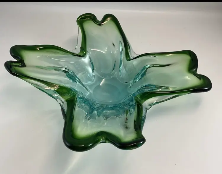 Glowy! Hand Blown art glass bowl, aqua blue and Green Holiday glass, Vintage Murano JIC