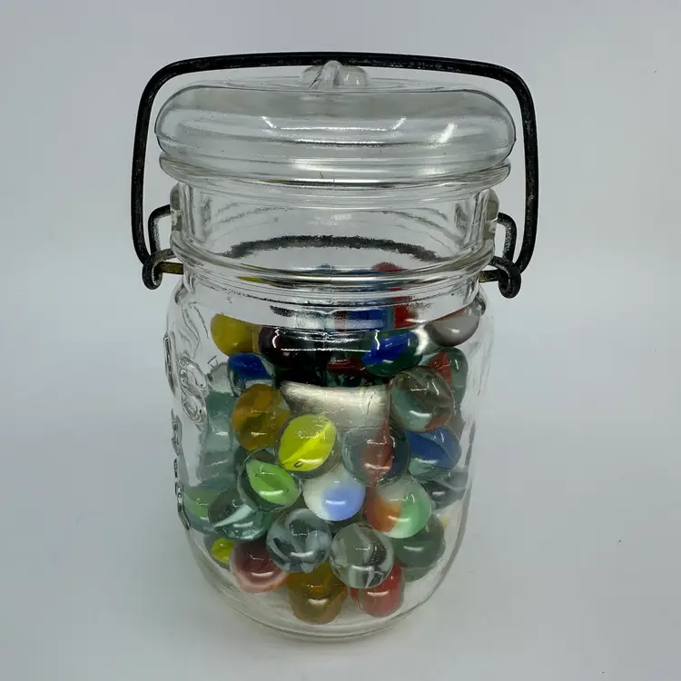 Vintage Atlas E-Z Seal Wire Bale Mason Jar With Marbles *Some Glowy