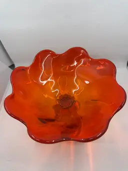 A hand-blown (Viking?)Glass Amberina six-petal pedestal bowl, 5.5” Tall X 8.5” Wide