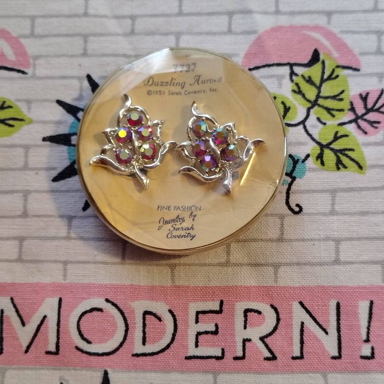 Vintage Sarah Coventry Clip-On Earrings | New in Box "Dazzling Aurora" Sparkling Red Stones on Leaf Shaped Earrings | 1959 Sarah Coventry Designs Made in USA