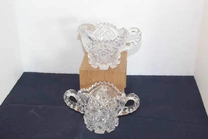 Antique Imperial Glass Nucut And Sawtooth Glass Creamer  & Sugar