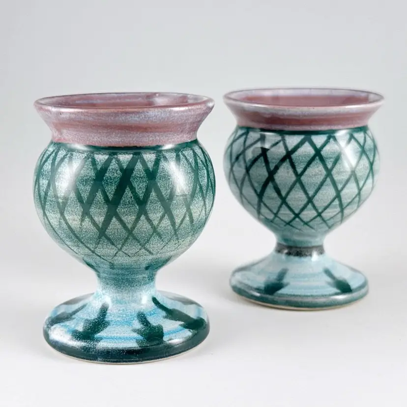 2 Tain Pottery Scotland, Glenaldie Thistle Tartan Egg Cups, Green Blue & Purple Hand-Painted Stoneware