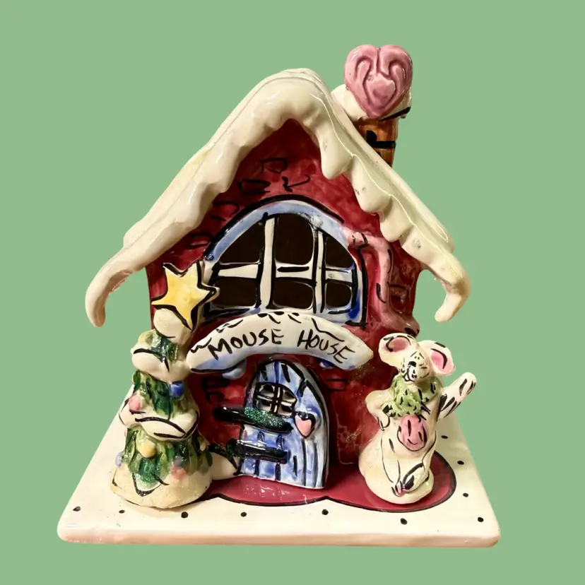 Vintage '01 BLUE SKY Clayworks Christmas Mouse House Tea Light Holder 2 PC READ