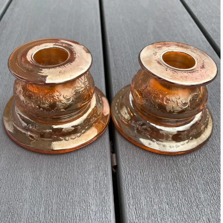 PAIR OF VINTAGE FEDERAL GLASS IRIDESCENT MARIGOLD CARNIVAL GLASS CANDLE HOLDERS