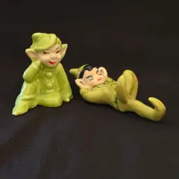 Pixie Elves Elf Ceramic Figurine Lime Green set of 2 Unbranded Vintage with Issues