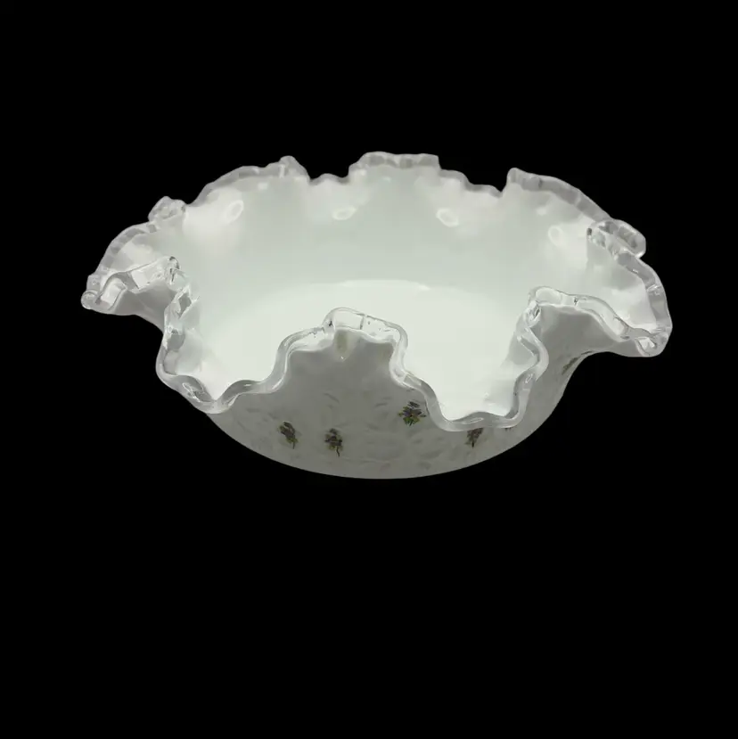 Fenton Silver Crest Spanish Lace Milk Glass Bowl, 8” wide x 4” High