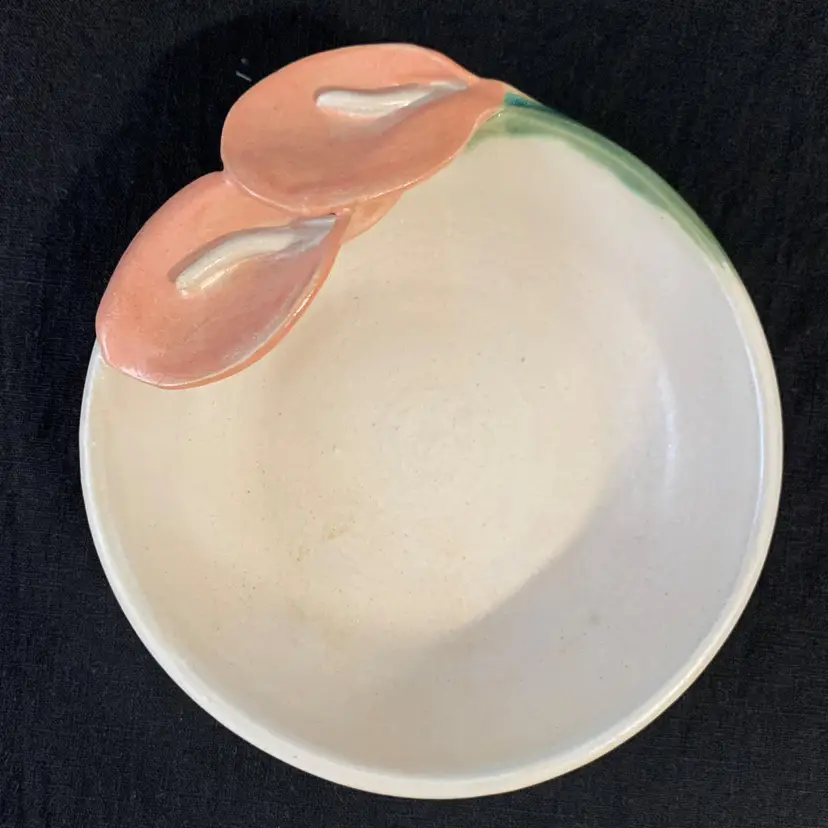 Signed Jana Kozon Pottery Bowl Pink Calla Lily Art Handmade Floral Vintage