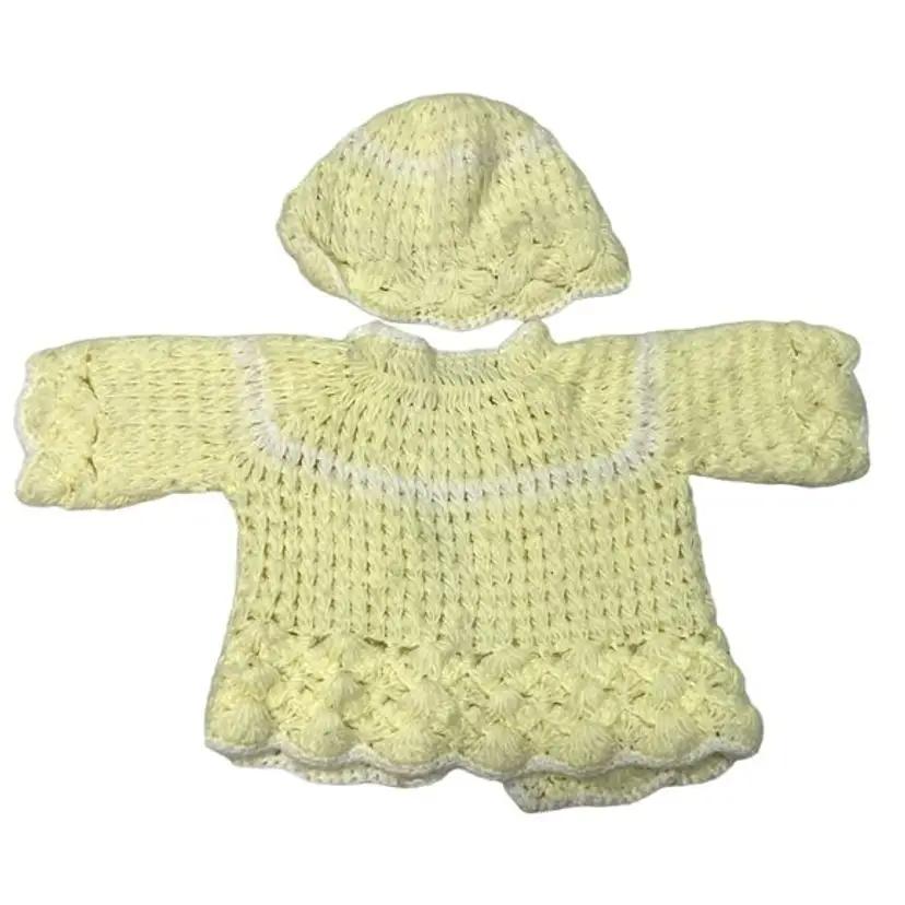 VTG INFANT KNITTED JACKET HAND MADE PEARLY BUTTONS AND HAT 0-8 MOs YELLOW KOREA