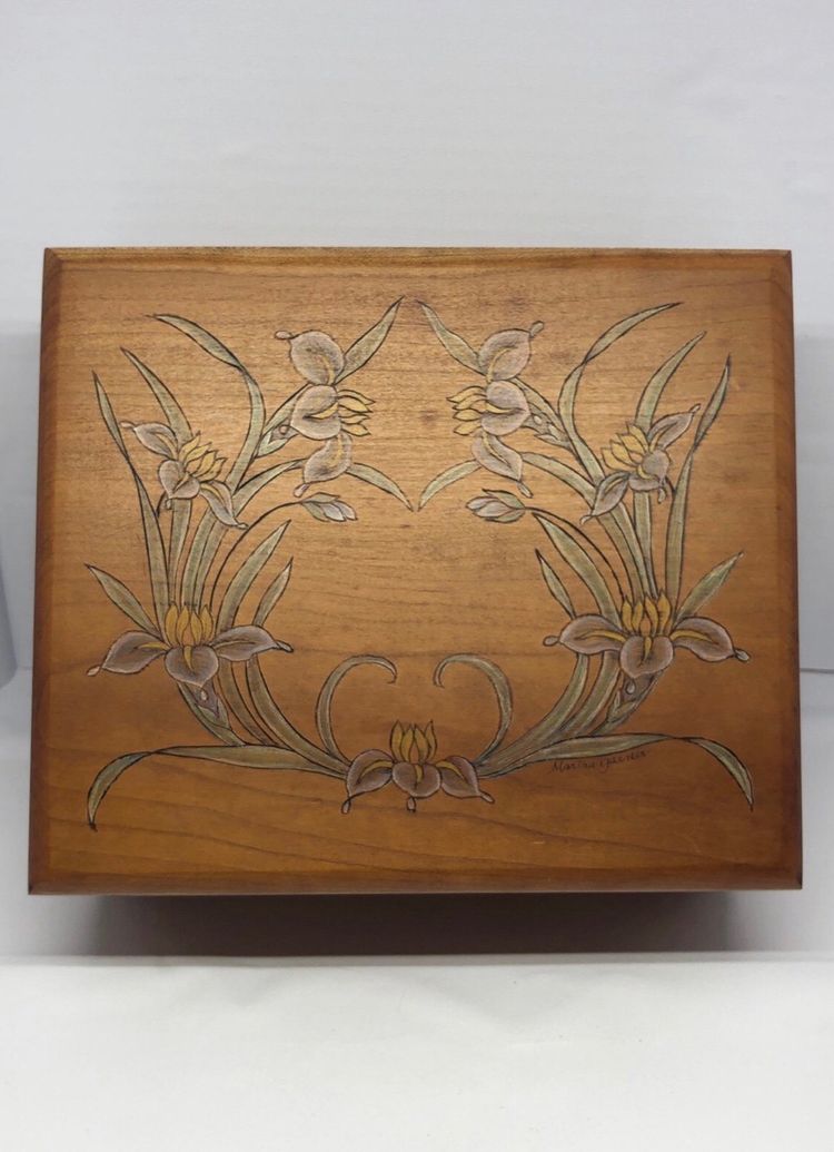 Hand-Crafted Iris Flowers Wooden Box by Martha Garner