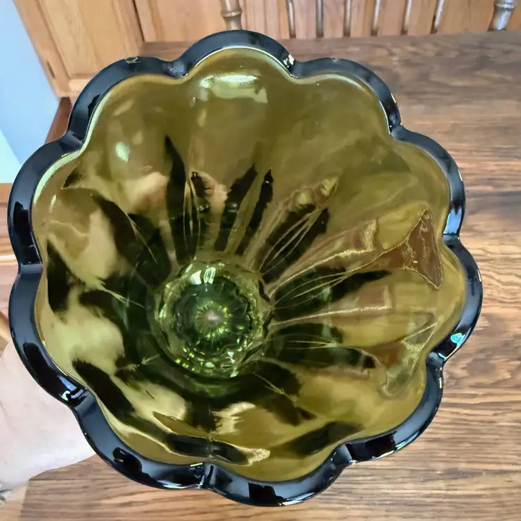 Vintage Avocado Green Glass Vase – 8" Scalloped Rim Trumpet Vase – Mid Century Pressed Glass by Paige’s Plates
