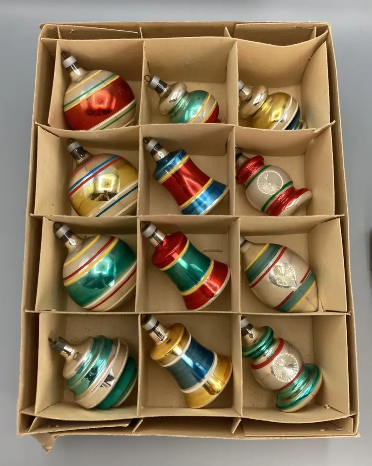 12 Vintage Glass Premier Geometric Multicolored Ornaments - ~ 3"