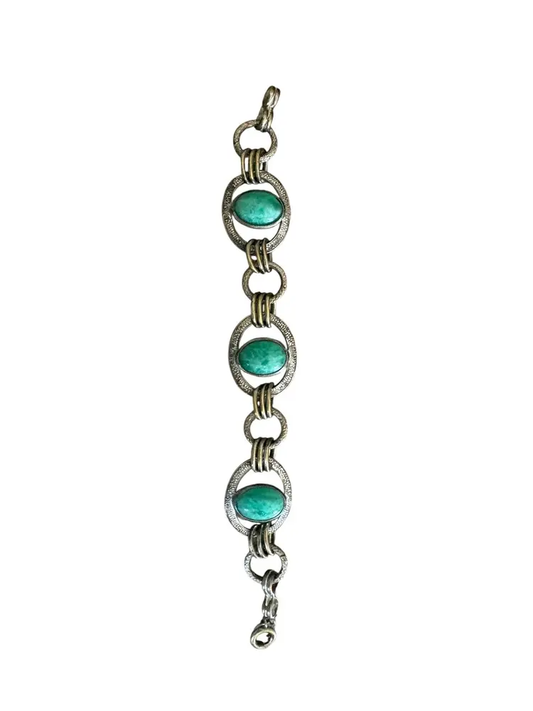 Vintage Silver tone and Green stone Cabochon Link Bracelet