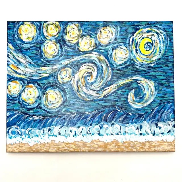 Starry Night At The Beach Acrylic On Canvas Painting 11 X 14