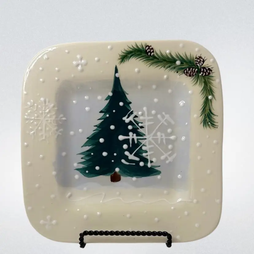 Expressly Yours Square Pottery Seasonal Plate Hand Painted Raised Texture Evergreen Tree Snowflakes Pine Cones 2000 Signed 7-3/4β