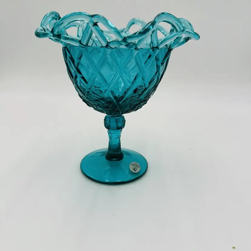 Vintage Art Glass Fenton Teal Compote Flowers on Lattice Open Lace 6.5in