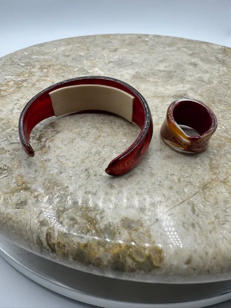 Hand Made Art Glass Bracelet & Ring Set With Neutral Colors & Gold Sparkle.