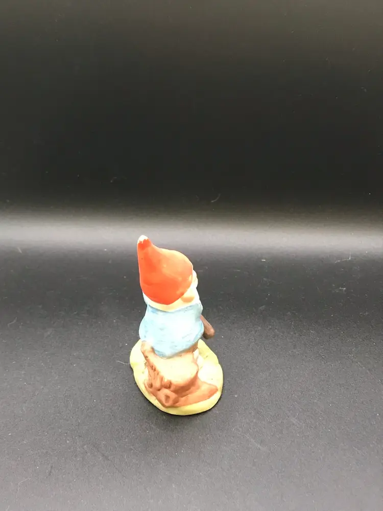 vintage 1979 Enesco porcelain Forest Gnome figurine winking holding axe 3 1/2"