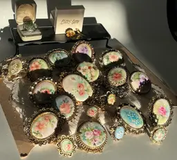 Lot 21 Costume Jewelry Hand Painted Porcelain Some Signed Lapels Rings Necklaces Earrings