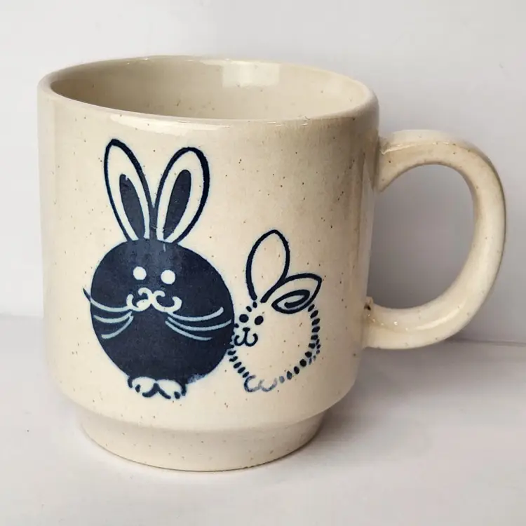 Vintage Blue Bunny Rabbit Coffee Mug MCM Beige & Blue 3.25" tall Smooth Chip dent on rim