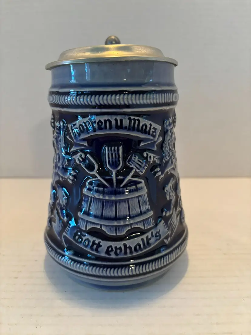 Vintage Marzi and Remy German Cobalt Blue and Gray Beer Stein with Lid 6in Tall