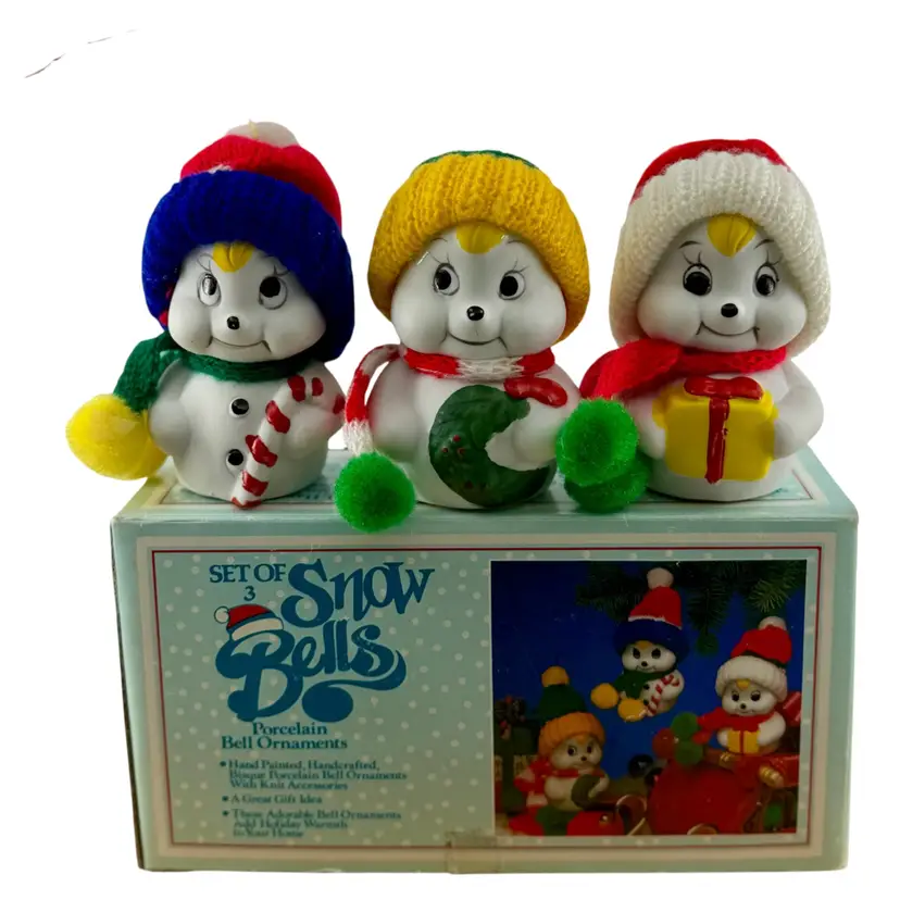 Vintage Set Of 3 Snow Bells Bisque Porcelain Christmas Ornaments Hand Painted - Original Box - Tiawan 
3.5” T x 2” W