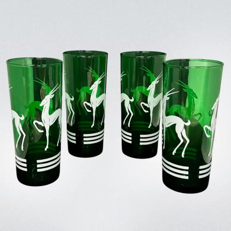 Mid-Century Green Gazelle Deer Collins Glasses Bar Drinkware Set of 4 Art Deco Barware. Christmas