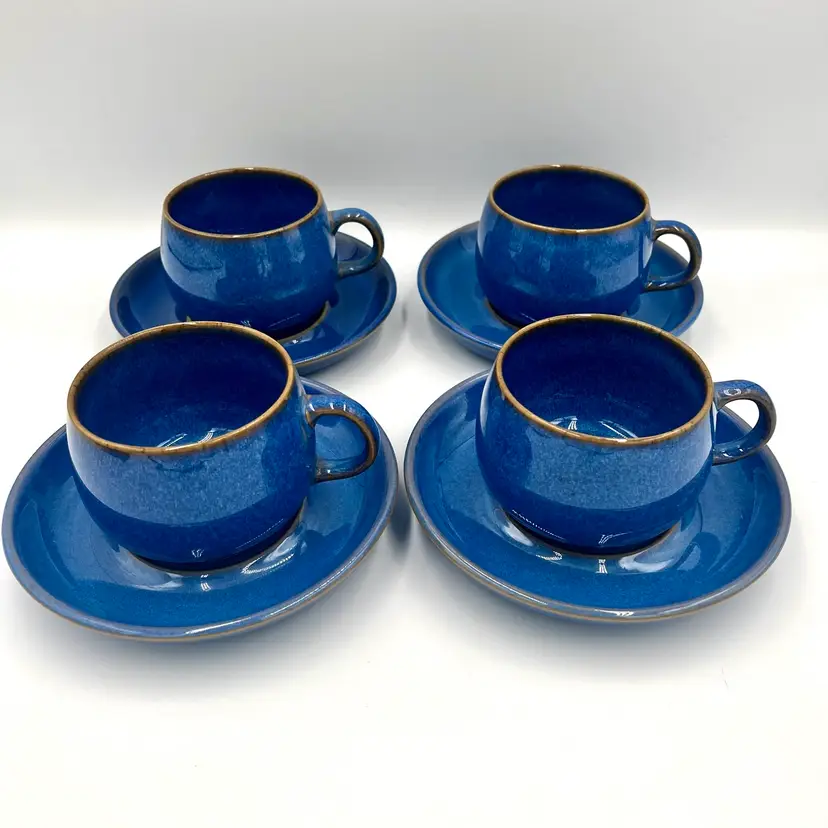 Denby-Langley English Blue Set 4 Cups and Saucers English Stoneware Rams Head
