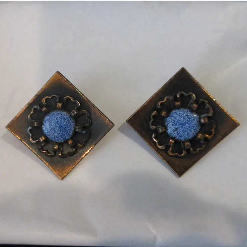 Vintage Blue Enamel on Copper Floral Pattern Clip On Earrings - 1 Inch Long