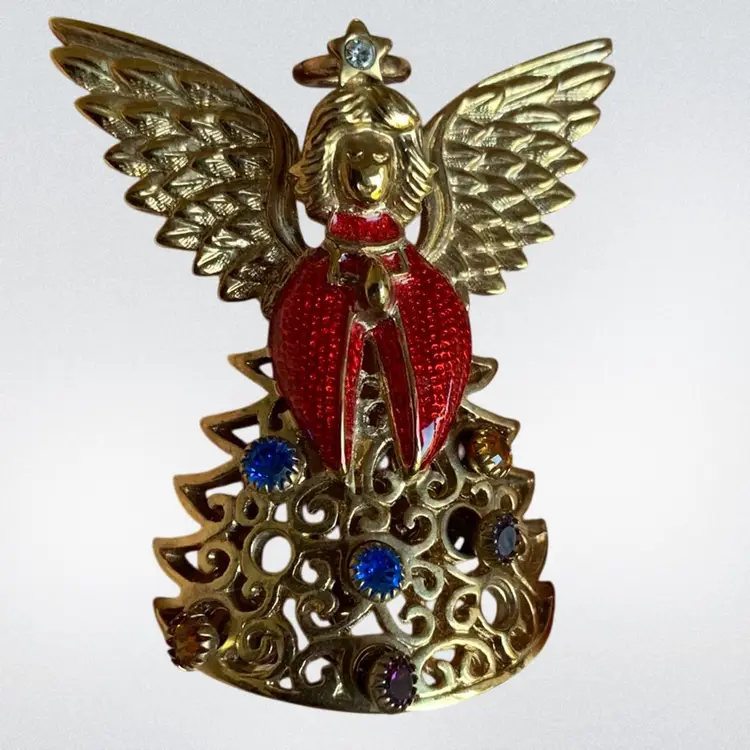 Weingeroff Gold Tone Filigreeand Enamel Angel Brooch With 3 Pairs Of Stud Earrings Forming The Color In Her Skirt