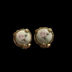 Vintage Goldtone 1928 Brand Porcelain Clip Earrings. With Pink Rose Transfer Design.