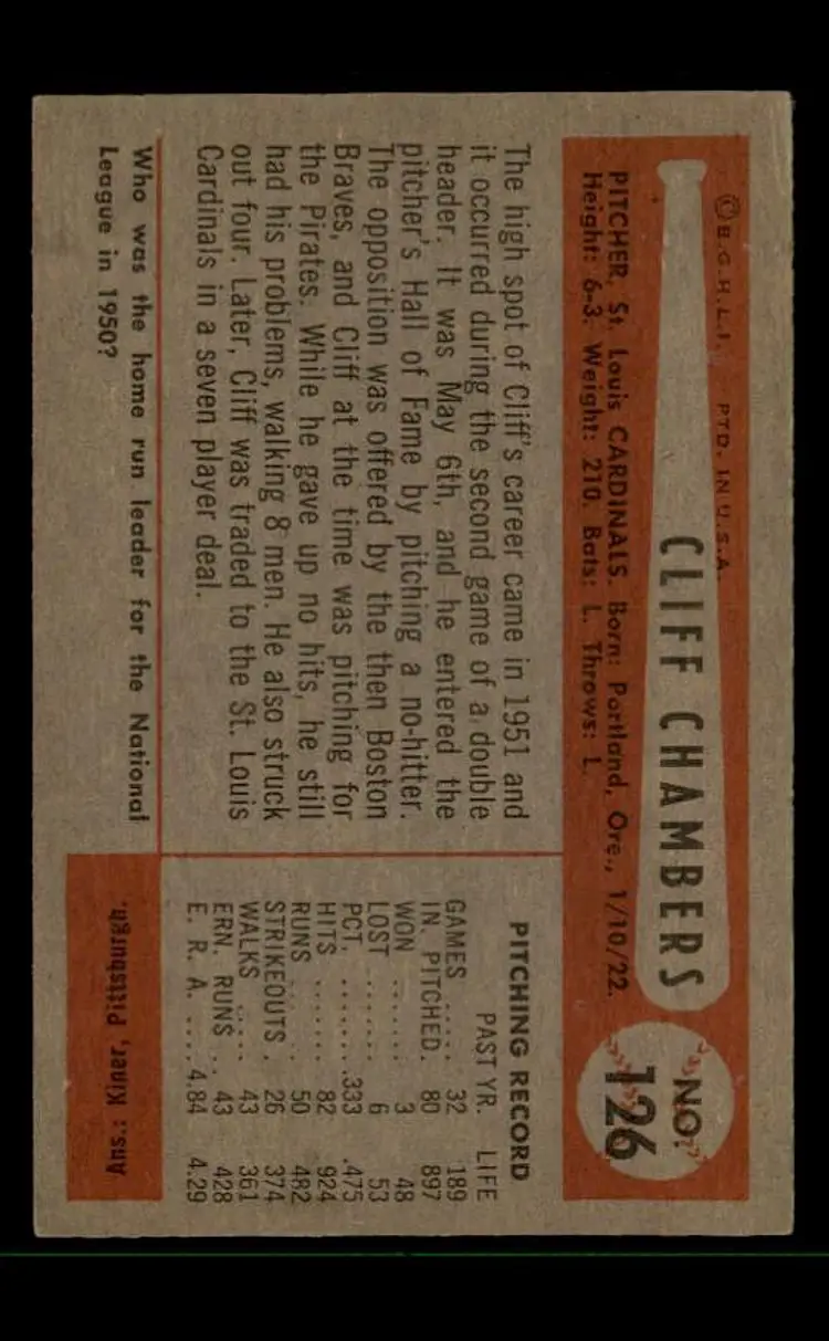 1954 Bowman #126 Cliff Chambers - (pk-tl3) - St. Louis Cardinals